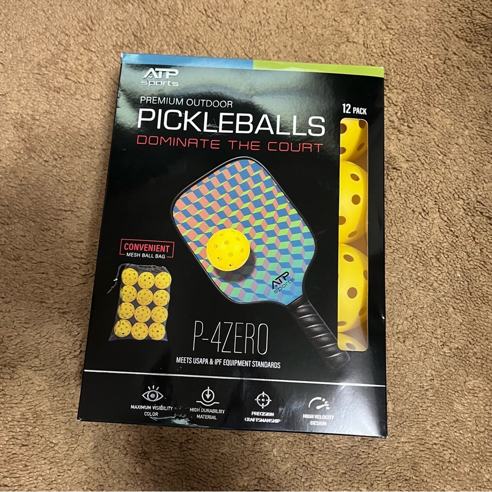 12 pack of new outdoor pickleballs.
